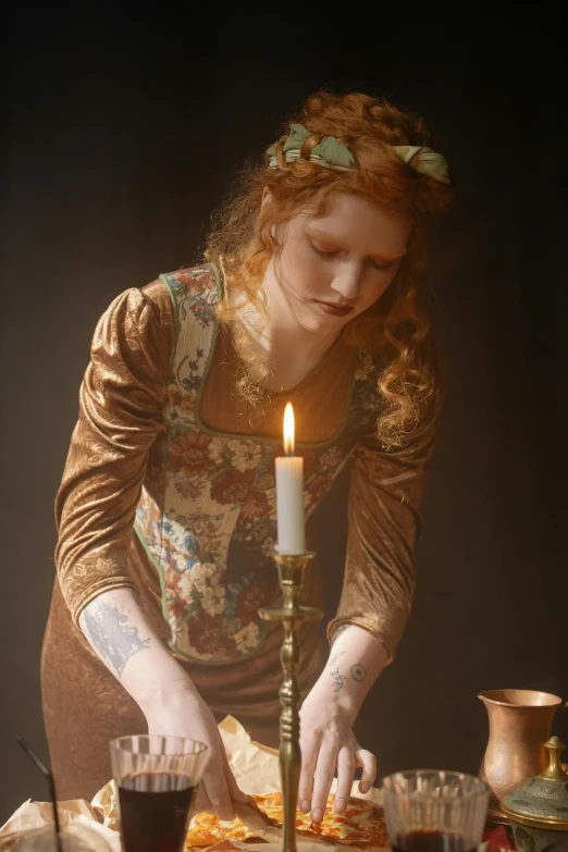 a woman lighting a candle on top of a table, inspired by Georges de La Tour, pre-raphaelitism, production photo, maiden with copper hair, in historic clothing, press shot