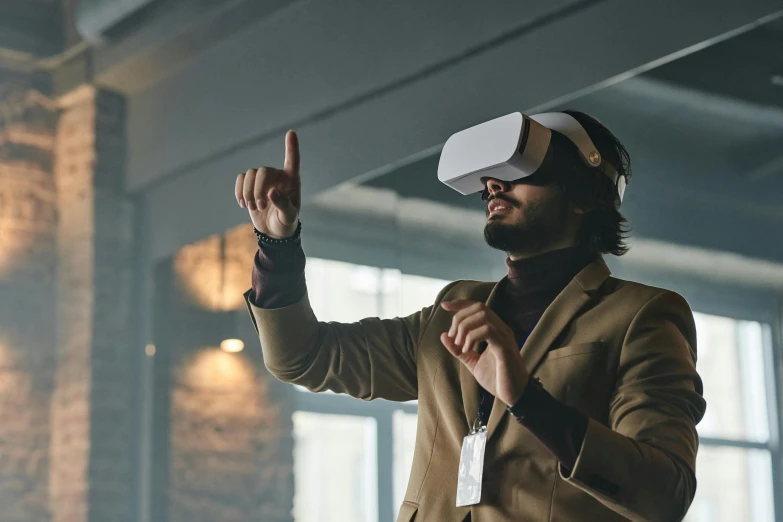 a man in a suit wearing a virtual reality headset, trending on pexels, interactive art, architectural visualisation, wearing white suit and glasses, avatar image, thumbnail