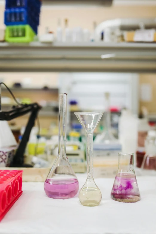 a group of laboratory equipment sitting on top of a table, a picture, by Doug Ohlson, unsplash, purple liquid, textiles, in background, looking across the shoulder