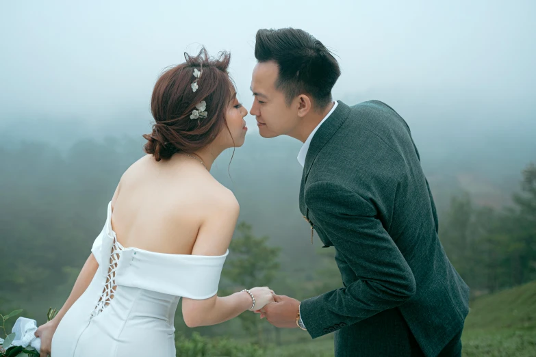 a man and a woman standing next to each other, pexels contest winner, romanticism, darren quach, youtube thumbnail, close-up shoot, high elevation