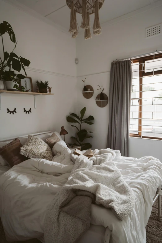 a bed sitting in a bedroom next to a window, unsplash contest winner, romantic greenery, white background”, poorly lit, lovely and cute