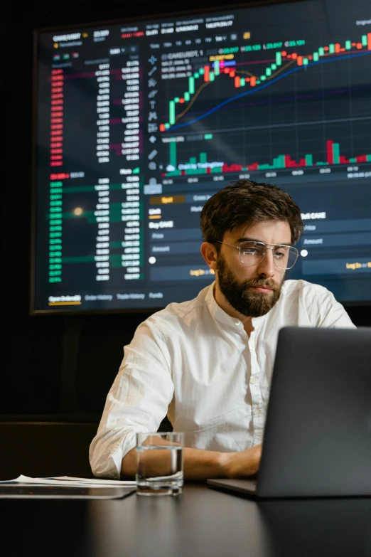 a man sitting in front of a laptop computer, a digital rendering, trending on unsplash, renaissance, trading stocks, mining, power bi dashboard, medium shot portrait