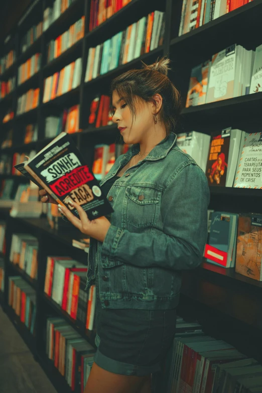 a woman reading a book in a library, pexels contest winner, happening, wearing a dark shirt and jeans, gif, woman holding sign, grungy