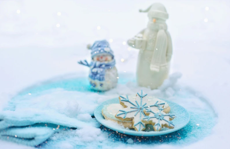 a plate of cookies sitting on top of a snow covered ground, figurines, blue theme, place setting, profile pic