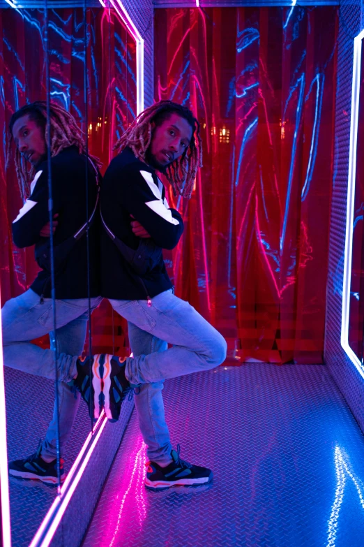 a couple of people standing in front of a mirror, a hologram, inspired by David LaChapelle, unsplash contest winner, wiz khalifa, doing a hot majestic pose, red lights, full body length