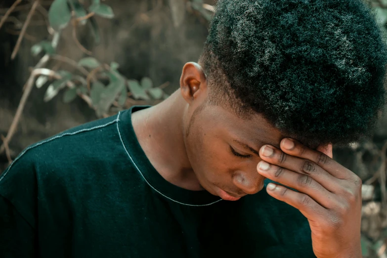 a young man covers his face with his hands, trending on pexels, black teenage boy, devastated, illustration », headspace