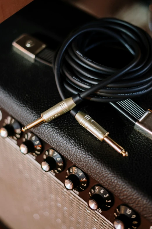 a guitar amp sitting on top of a wooden table, gold cables, photography ultrafine detail, medium detail, black