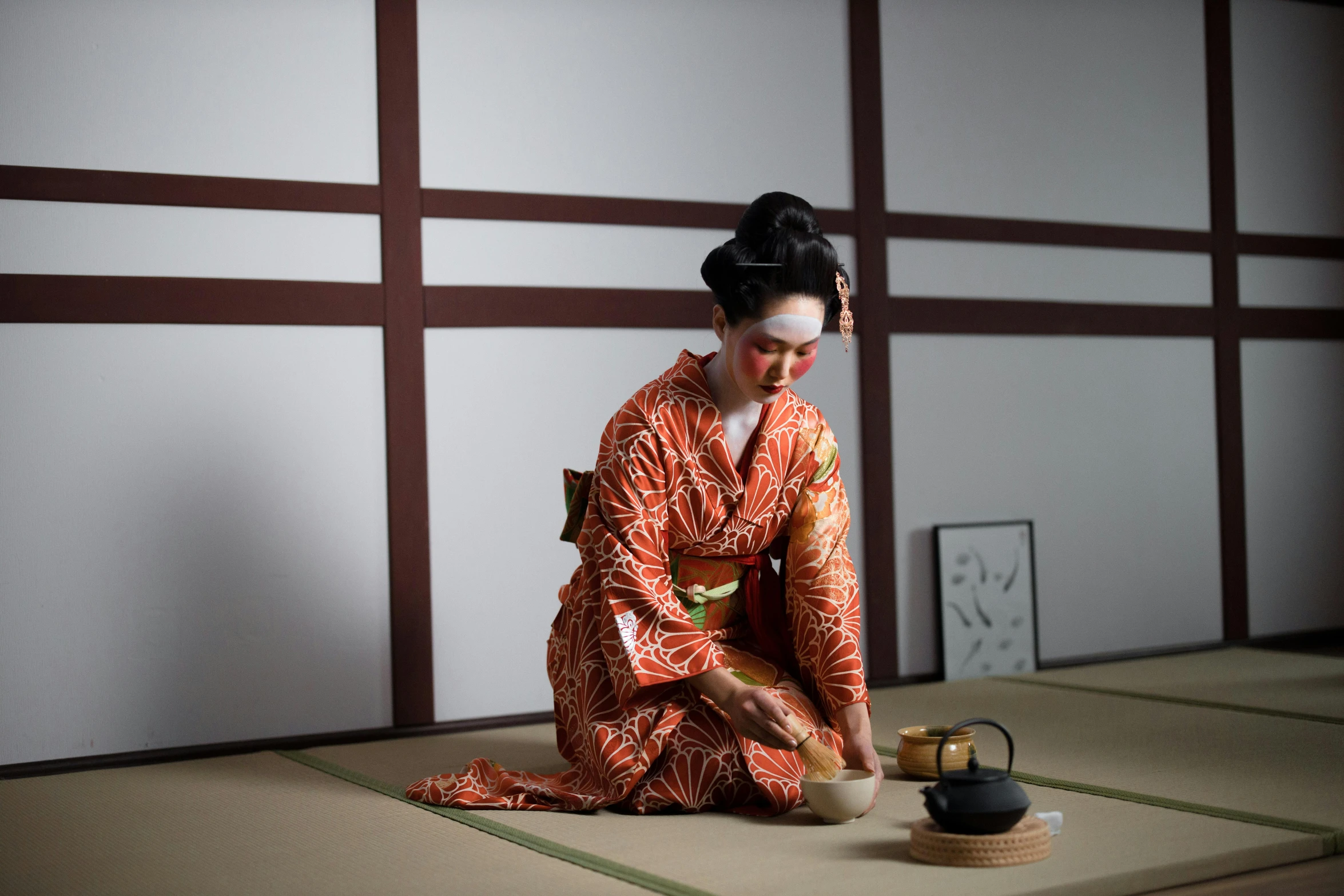 a woman in a kimono sitting on the floor, pexels contest winner, square, tea ceremony scene, brown, 15081959 21121991 01012000 4k