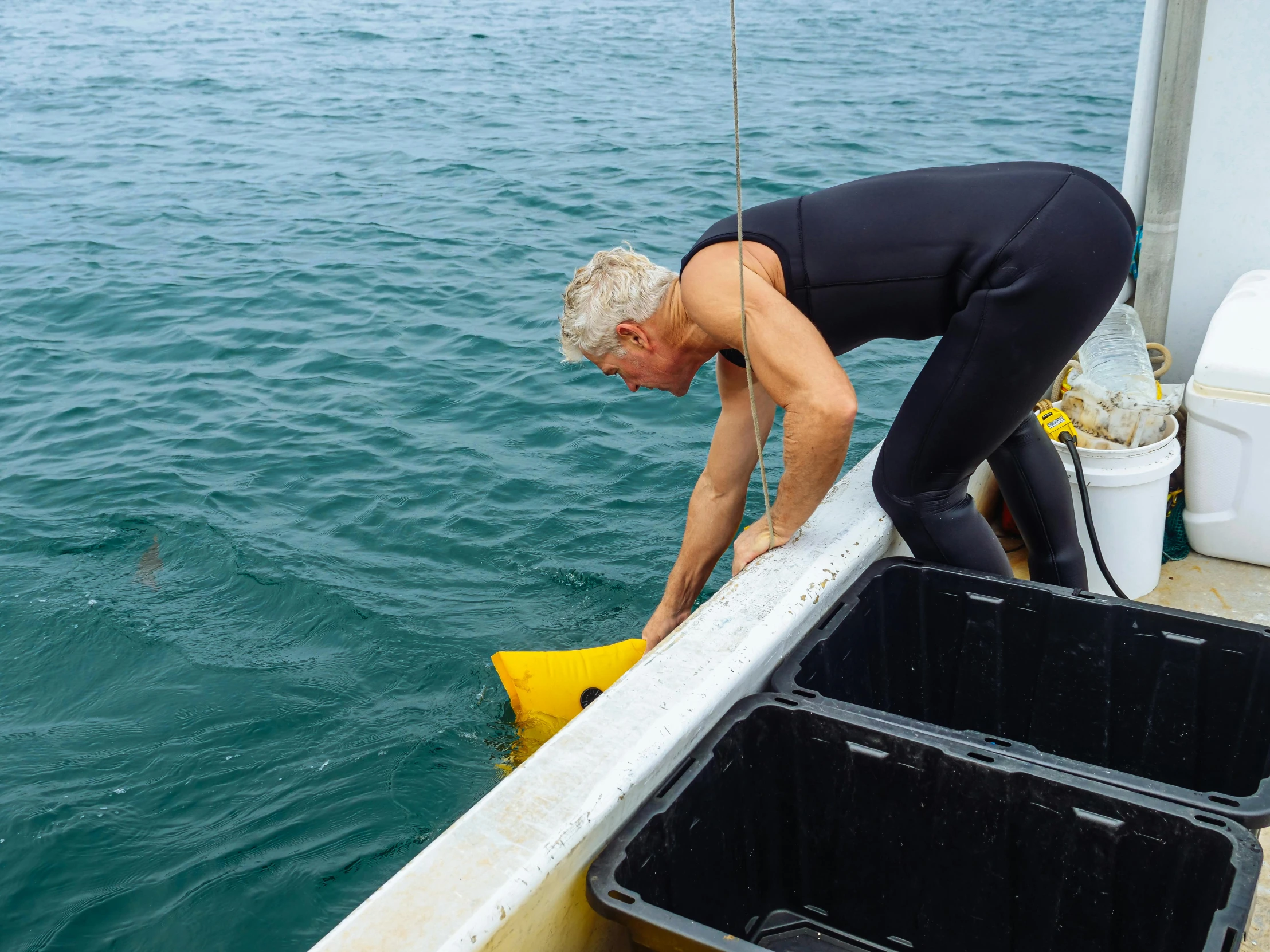 a woman standing on top of a boat next to the ocean, a photo, plasticien, digging, profile image, maintenance photo, dingy gym