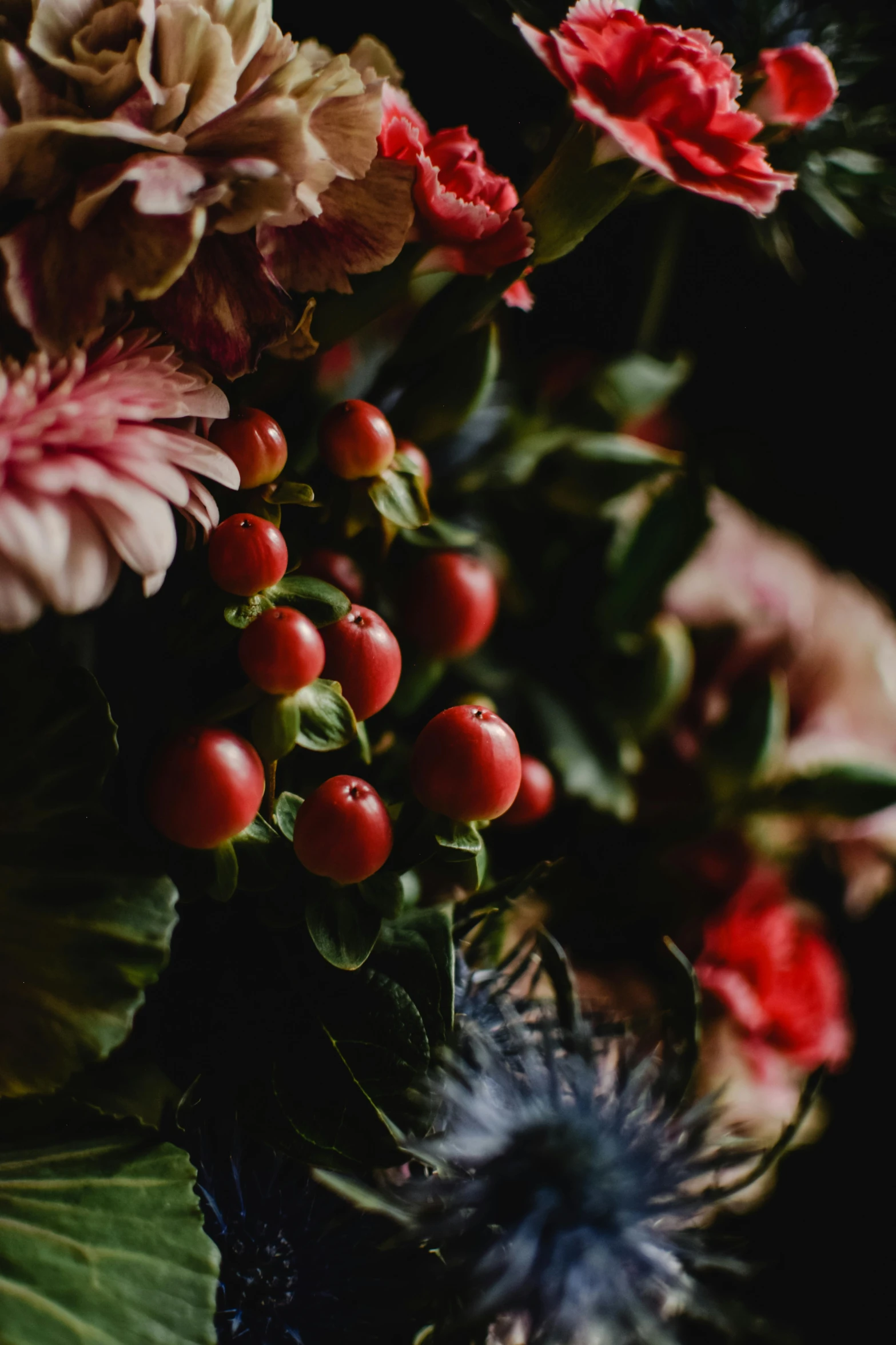 a close up of a bunch of flowers in a vase, berries, dark and intricate photograph, floral couture, f / 2 0