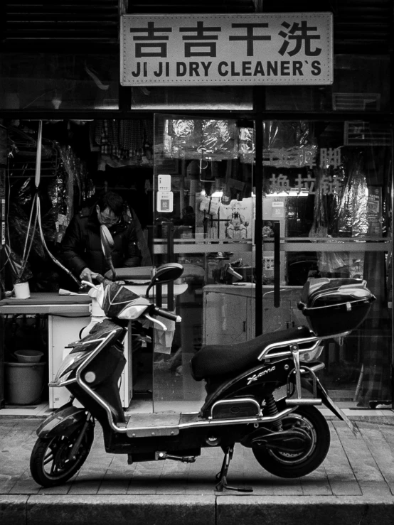 a motor scooter parked in front of a store, by Jan Gregoor, yintion j - jiang geping, clean line, by joseph binder, dirty clothes