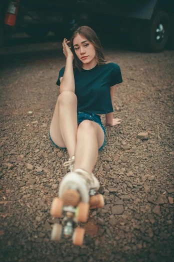 a woman sitting on the ground with a skateboard, inspired by Elsa Bleda, unsplash contest winner, renaissance, round thighs, 15081959 21121991 01012000 4k, portrait rugged girl, short