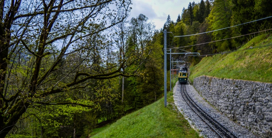 a train traveling down tracks next to a lush green hillside, by Karl Stauffer-Bern, pexels contest winner, art nouveau, trams, avatar image, panorama shot, maintenance photo