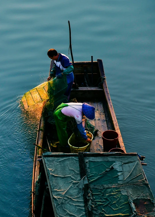 a couple of people on a small boat in the water, by Fei Danxu, pexels contest winner, process art, fish seafood markets, thumbnail, deep colour, late afternoon