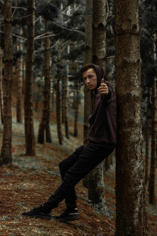 a man leaning against a tree in a forest, an album cover, unsplash, realism, tom holland, menacing pose, ((trees)), teenager