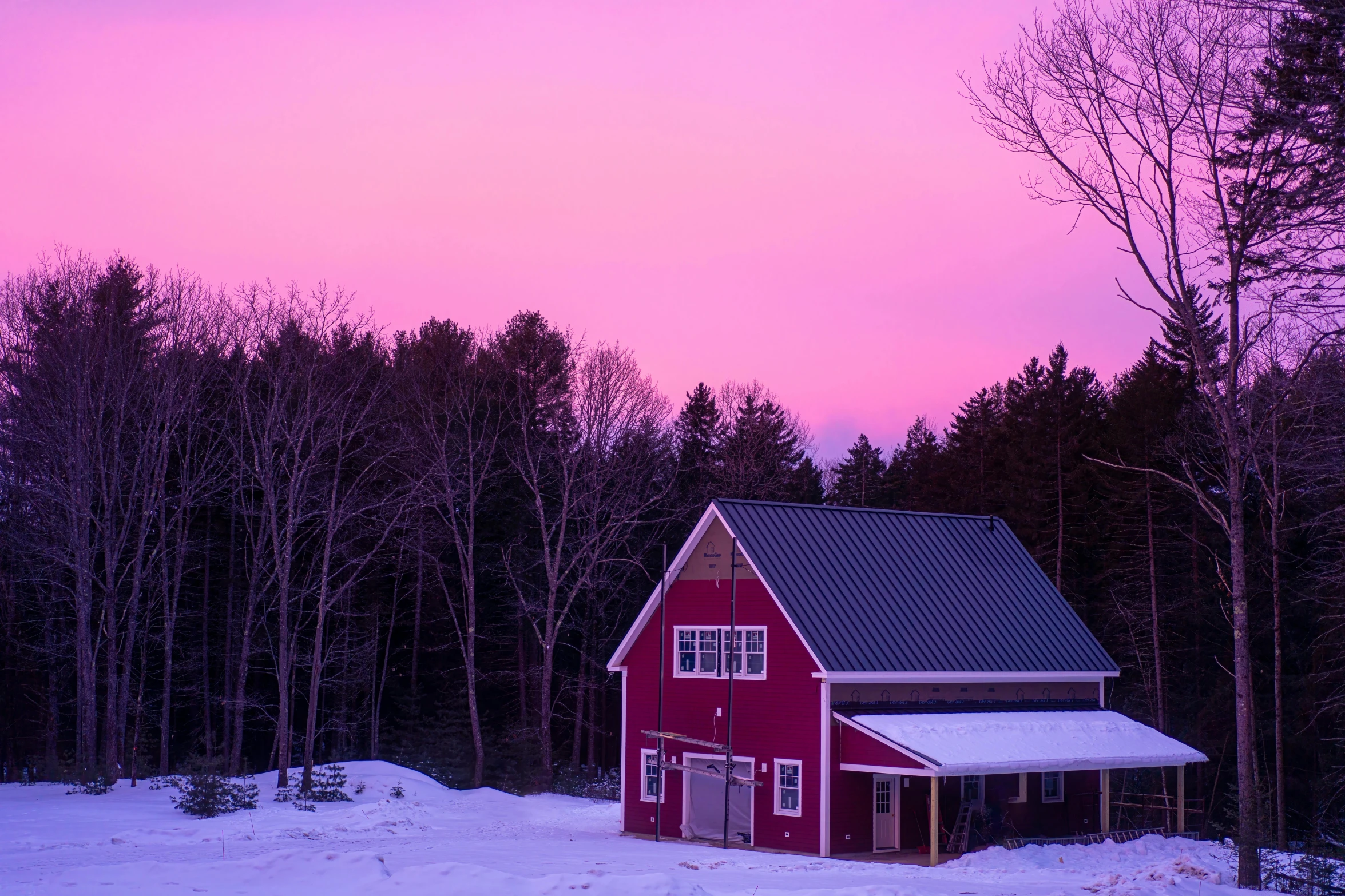 a red house sitting on top of a snow covered field, inspired by Gregory Crewdson, unsplash contest winner, bright pink purple lights, maple syrup, profile image, new hampshire