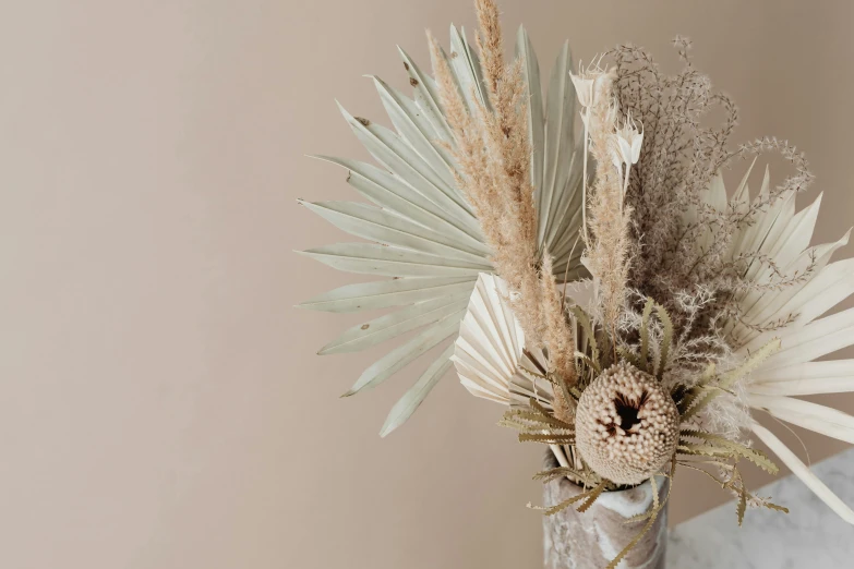 a vase filled with dried flowers on top of a table, trending on unsplash, beige cream natural muted tones, tropics, ornamental halo, fan favorite