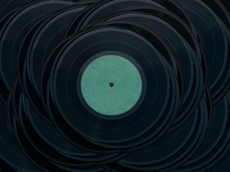 a bunch of black vinyl records stacked on top of each other, an album cover, by Attila Meszlenyi, pexels contest winner, blue - green tones, birdseye view, whirly, (night)