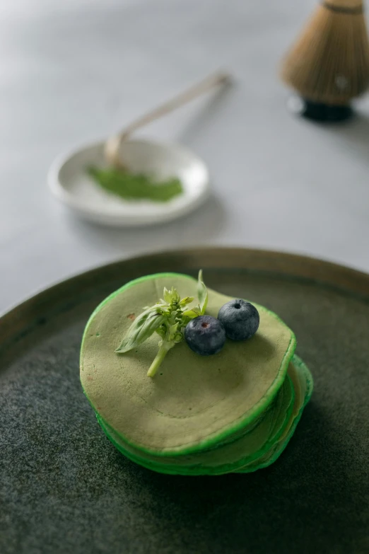 a close up of a plate of food on a table, inspired by Nishida Shun'ei, beautiful green liquid, blueberry, smooth matte, pot