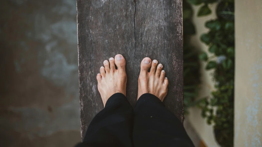 a person standing on top of a wooden bench, by Victorine Foot, trending on unsplash, renaissance, real human feet, square masculine jaw, background image
