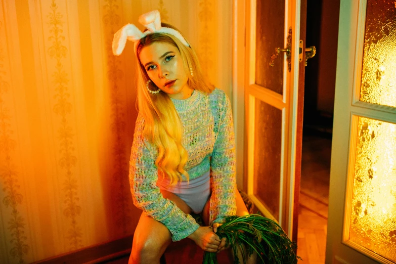 a woman in bunny ears holding a potted plant, an album cover, inspired by Elsa Bleda, pexels contest winner, magic realism, portrait anya taylor-joy, playboy bunny, standing in a dimly lit room, anna nikonova aka newmilky