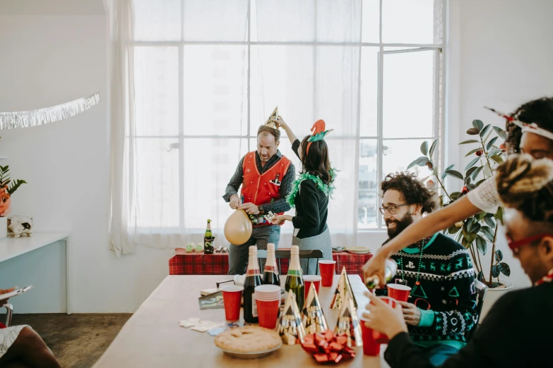 a group of people sitting around a table, pexels contest winner, happening, decorations, battle toast, avatar image, casually dressed