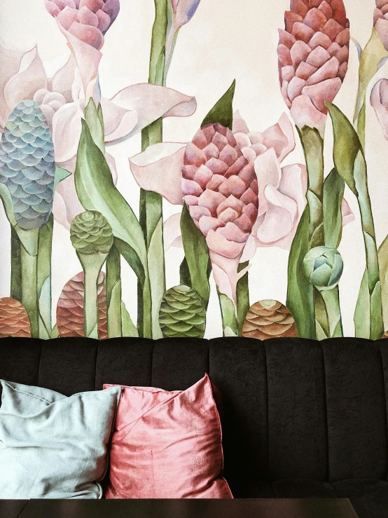 a living room with a couch and a painting on the wall, inspired by Cornelis van Haarlem, shutterstock contest winner, garden flowers pattern, pastel pink concrete, close up details, hyacinth