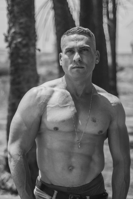 a black and white photo of a shirtless man, inspired by Randy Vargas, white american soldier, as a character from gtav, profile image, vacation photo