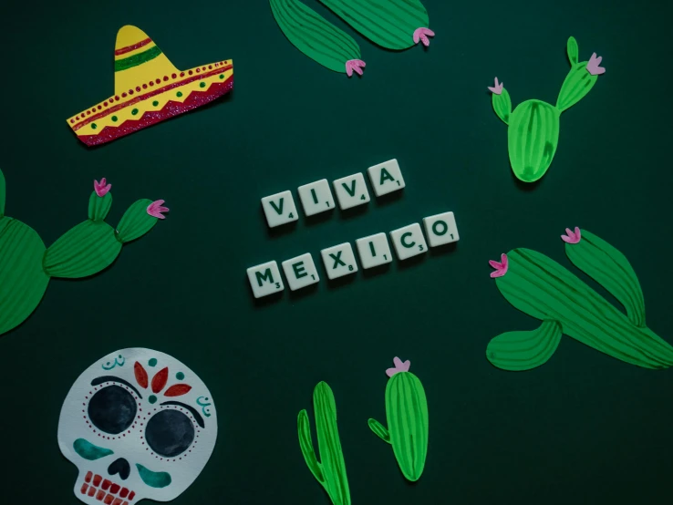 a sign that says viva mexico surrounded by cactuses, by Julia Pishtar, pexels contest winner, cubes on table, costume, avatar image, green and white