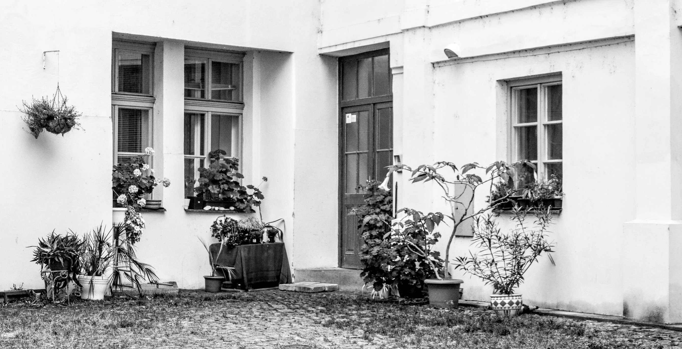 a black and white photo of a house with potted plants, inspired by André Kertész, pexels contest winner, fine art, soviet yard, white buildings, 3 doors, detmold charles maurice