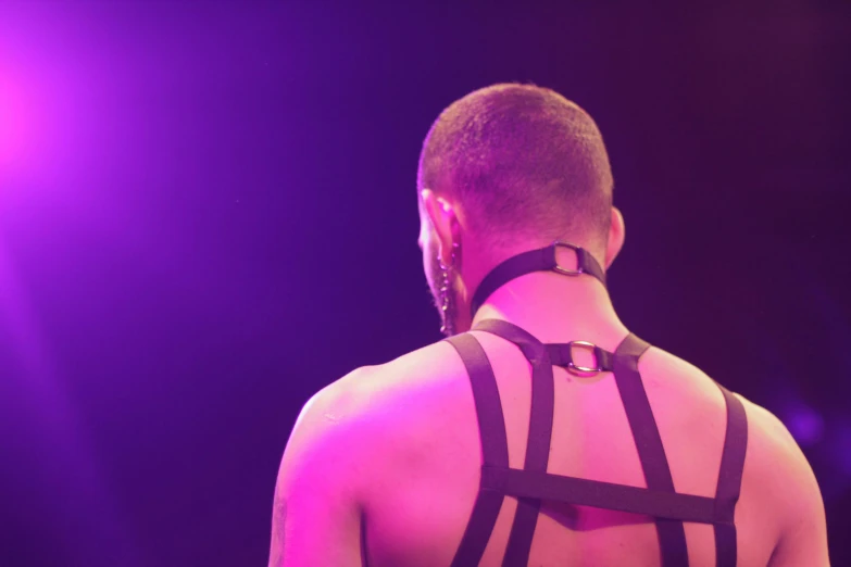 a close up of a person wearing a harness, by Niko Henrichon, purple scene lighting, holding court, facing away, manly