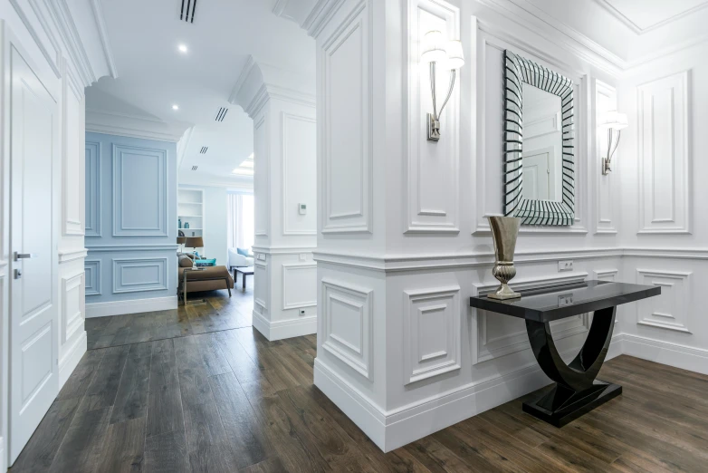 a hallway with wood floors and white walls, inspired by Sydney Prior Hall, neoclassicism, tiffany style, commercial photo, grey and blue theme, wood panel walls