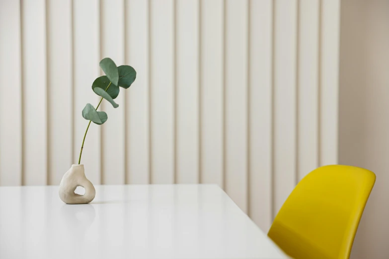 a vase sitting on top of a white table next to a yellow chair, inspired by Constantin Hansen, minimalism, eucalyptus, sparse detail, cast, looking across the shoulder