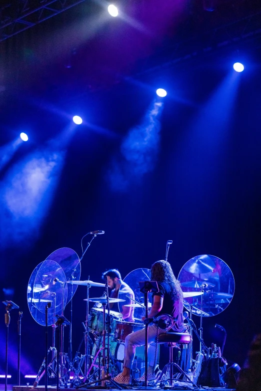 a group of people that are on a stage, drum kit, profile image, spherical, translucent