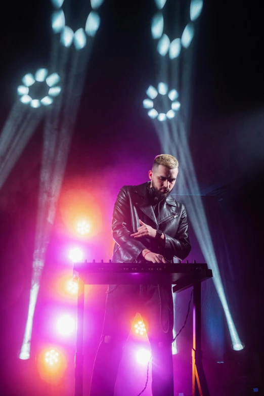 a man that is standing in front of a keyboard, an album cover, pexels, concert lights, liam, key still, ap