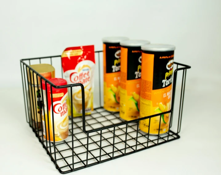 a wire basket with canned food in it, vanta black, square, official product image, milk