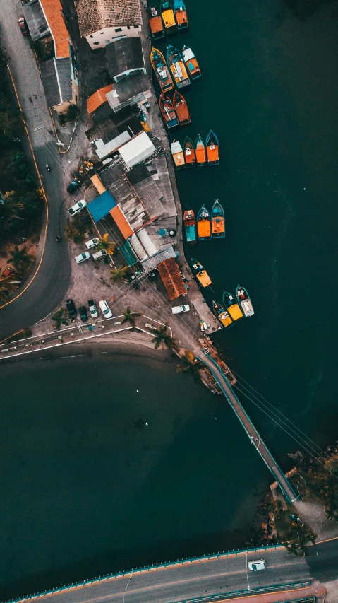 an aerial view of a large body of water, by Sebastian Spreng, pexels contest winner, hurufiyya, shipping docks, orange and teal color, thumbnail, bridge