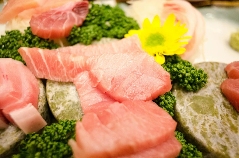 a white plate topped with meat and veggies, a picture, inspired by Nishida Shun'ei, unsplash, shin hanga, fish seafood markets, lush sakura, green, upclose