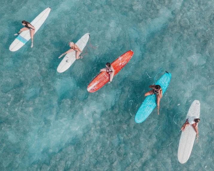 a group of people riding surfboards on top of a body of water, by Seb McKinnon, pexels contest winner, flatlay, coloured, 🦩🪐🐞👩🏻🦳, in a row