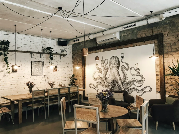 a room filled with lots of tables and chairs, a photo, unsplash, art nouveau, cardboard cutout of tentacles, neo kyiv, kraken, pleasant cozy atmosphere