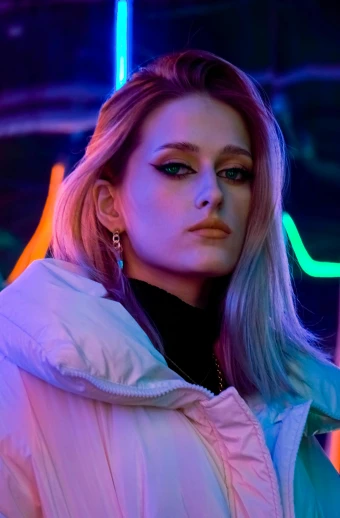 a woman standing in front of neon lights, inspired by Elsa Bleda, aestheticism, model wears a puffer jacket, background bar, headshot, photoshoot