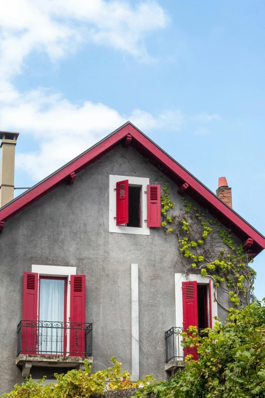 a house with red shutters on a sunny day, a photo, inspired by Clarice Beckett, art nouveau, simple gable roofs, grey, vivid - colors, fra