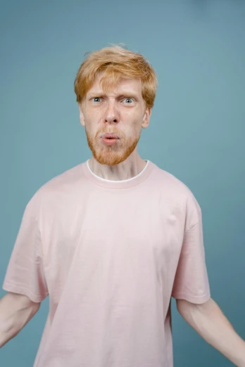 a man with a surprised look on his face, an album cover, inspired by Adriaen Hanneman, trending on pexels, hyperrealism, hr ginger, tongue out, 15081959 21121991 01012000 4k, pink face