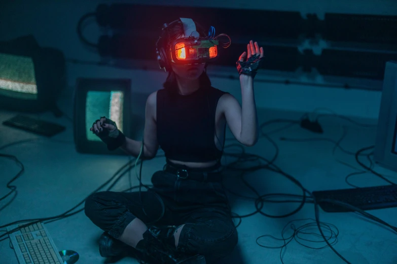 a woman sitting on the floor with headphones on, cyberpunk art, unsplash contest winner, wearing vr goggles, chell from portal, oled visor over eyes, indie video game horror