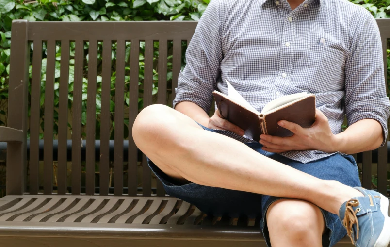 a man sitting on a bench reading a book, by Carey Morris, pexels, renaissance, wears shorts, then leave it to god, librarian, wearing a light shirt