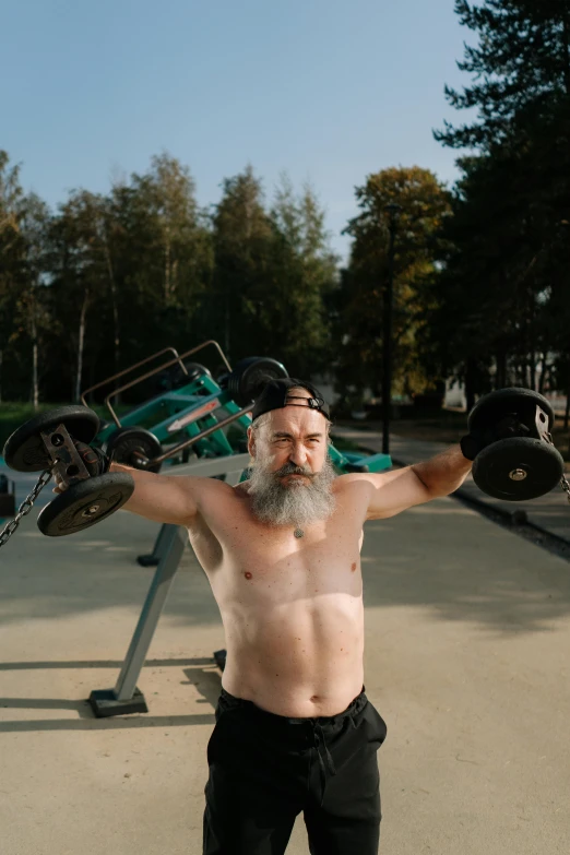 a shirtless man lifting a skateboard over his head, unsplash, realism, bushy white beard, lifting weights, soviet - era, portrait of a old