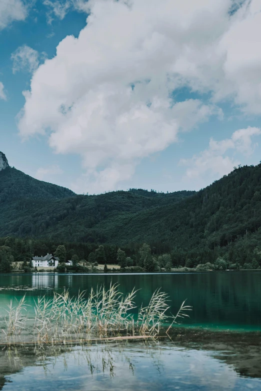 a body of water with a mountain in the background, lush green, austrian architecture, ultrawide landscape, trending photo