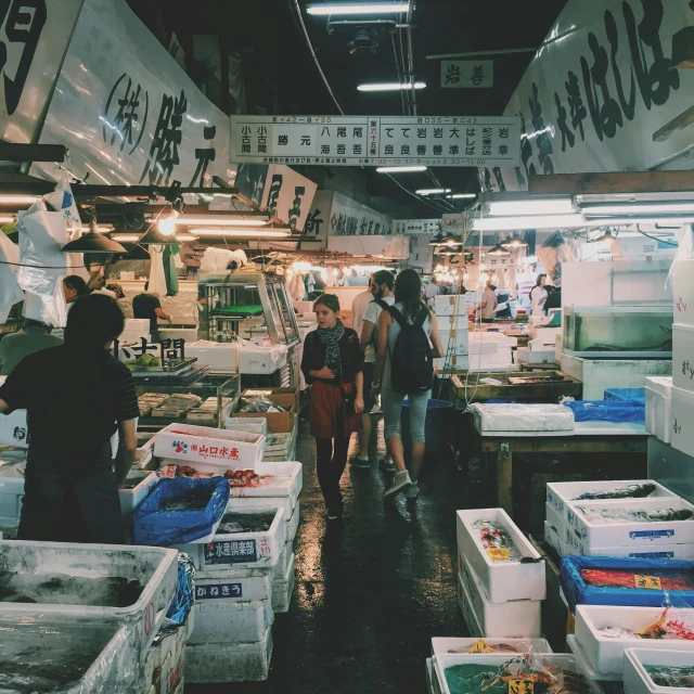 a group of people walking through a fish market, unsplash, shin hanga, with everything in its place, 💋 💄 👠 👗, low key, flat