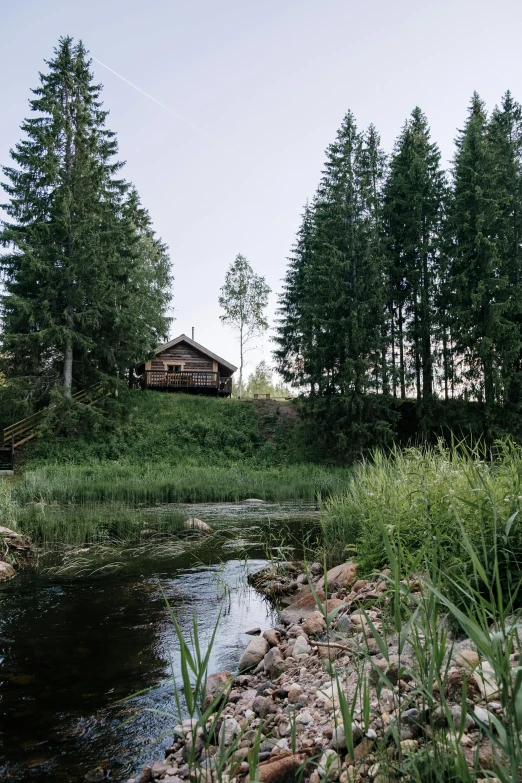 a stream running through a lush green forest, inspired by Eero Järnefelt, unsplash, hurufiyya, wood cabin in distance, exterior shot, resort, small river on the ground