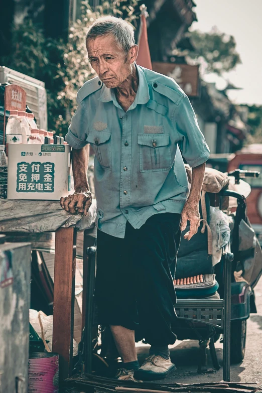 an old man is walking down the street, by Wen Zhenheng, pexels contest winner, hyperrealism, standing on a desk, vintage color, aggressive stance, asian old skinny scientist